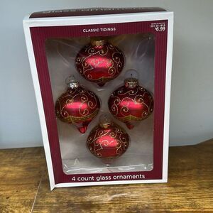 Classic Tidings Glass Ornaments Red Gold Glitter Filigree set of 4 2008 Target